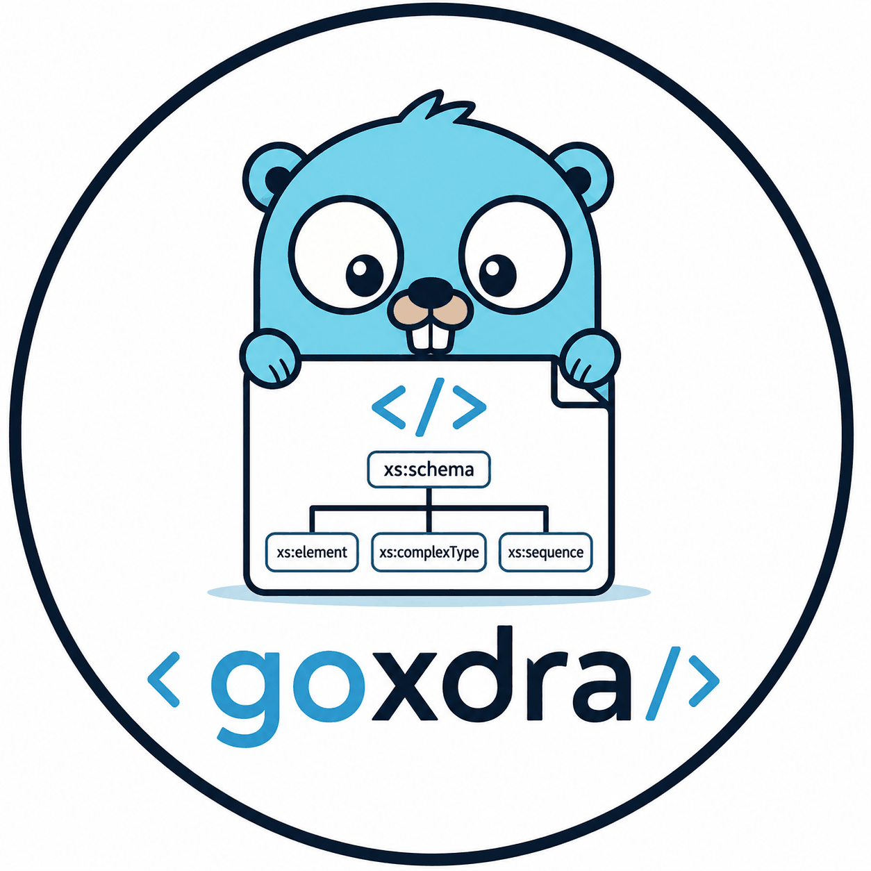 Goxdra, a blue gopher holding an XSD schema diagram